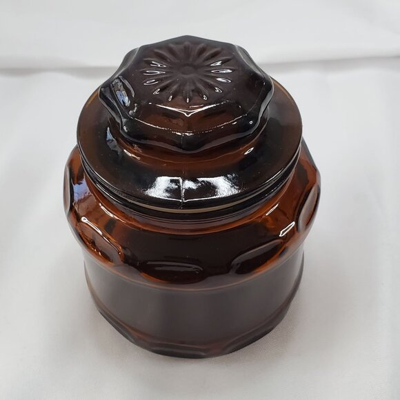 Vintage Amber Brown Glass Apothecary Canister Spice Jar Starburst Lid 4.25” - Picture 9 of 12